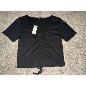 Glo Fashion London Black Ribbed Crop Top  Size Large‎ Short Sleeve V-Neck